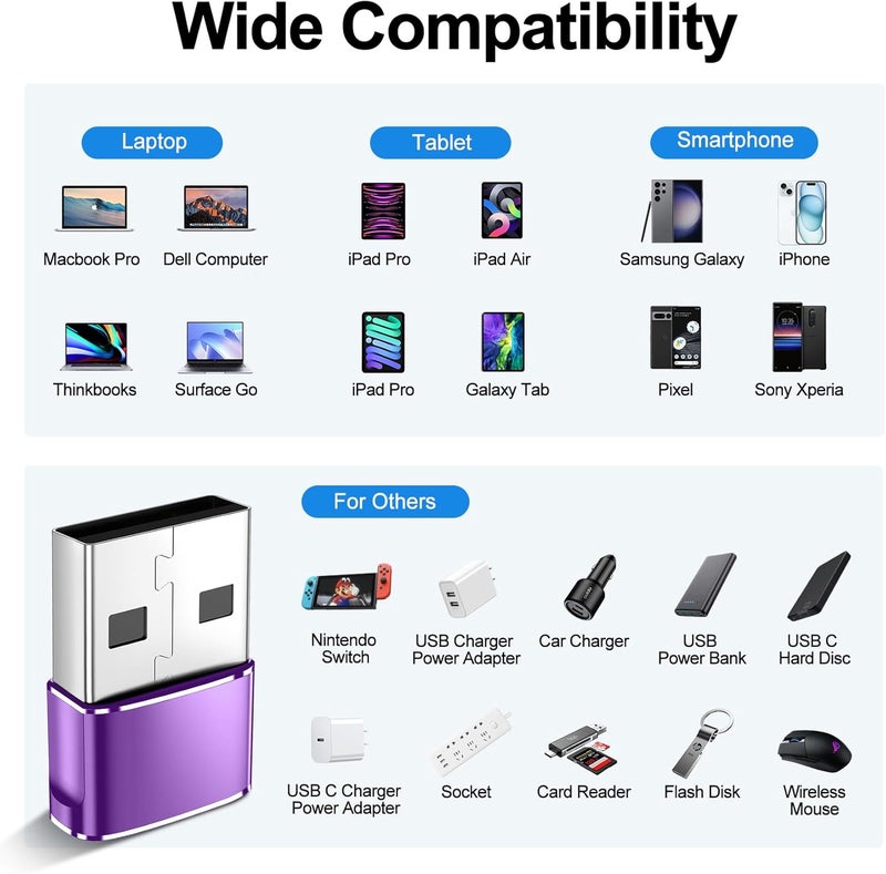 xiwxi 𝟒𝐏𝐚𝐜𝐤 𝐔𝐩𝐠𝐫𝐚𝐝𝐞𝐝 USB to USB C Adapter,Type-C Female to A Male Car Charger OTG Converter for Apple Watch Ultra 8 9 10,iPhone 16 15 14 13 Pro Max,Samsung S24,Nintendo Switch,AirPods,iPad,Car - Image 2